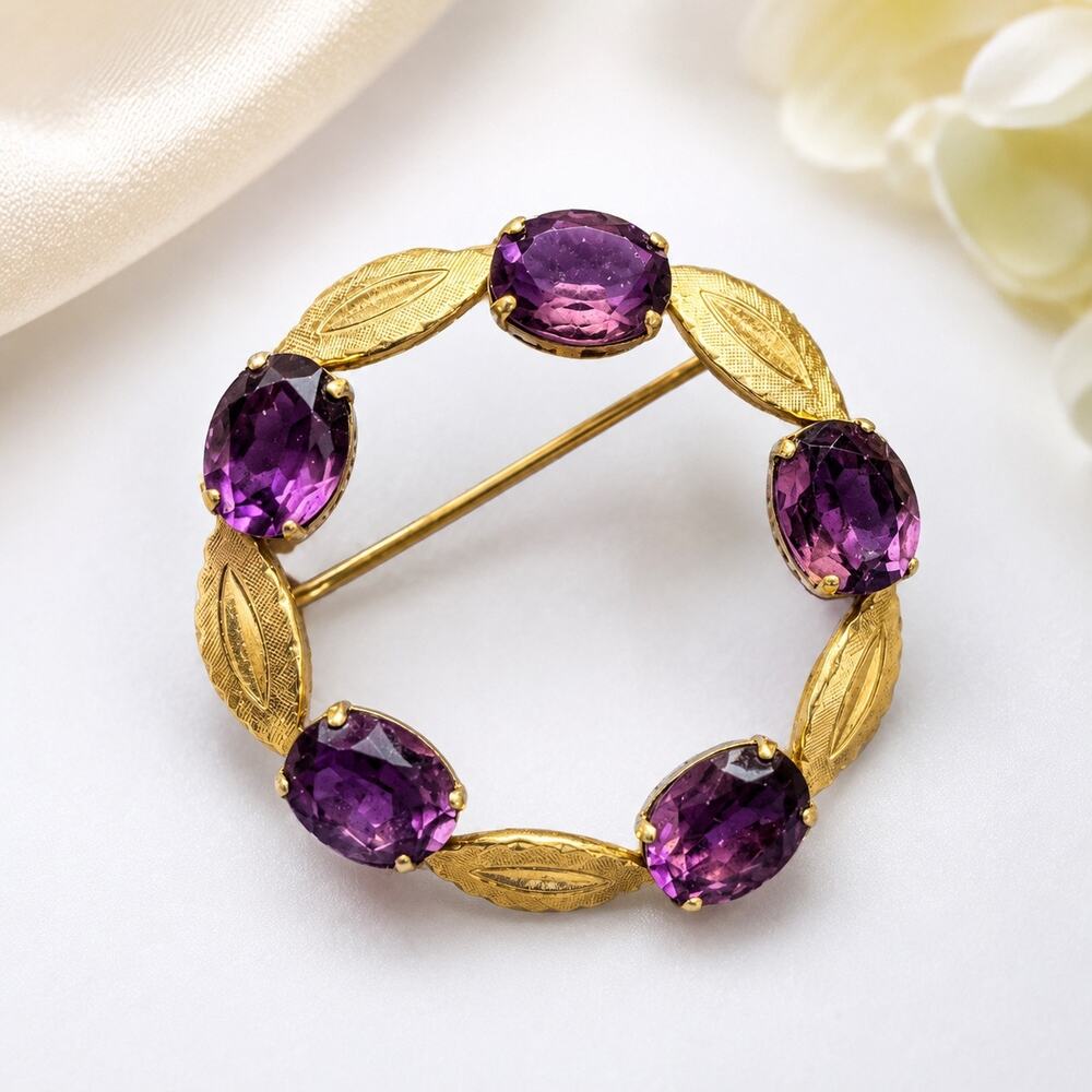 Vintage Van Dell 12K Gold Filled Amethyst Wreath Brooch Signed VD